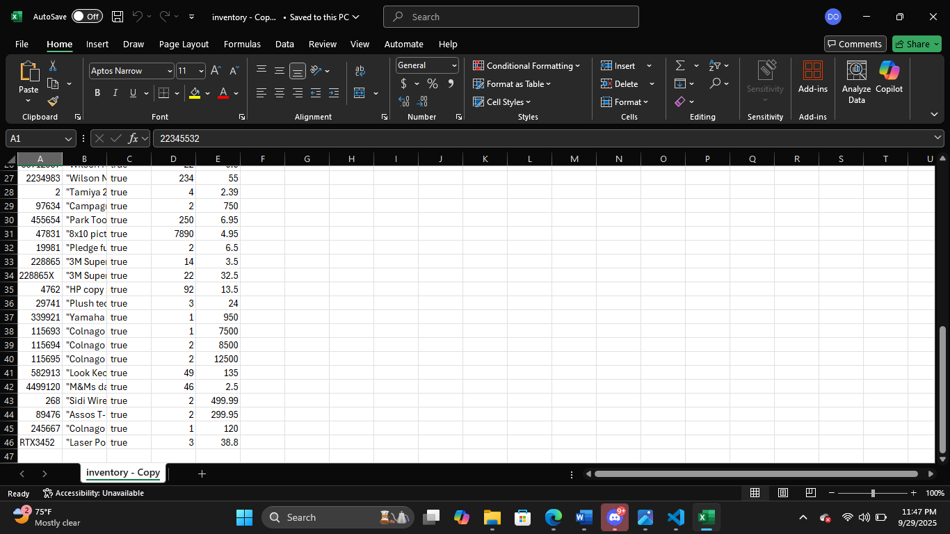 inventory.csv opened in Excel, another view